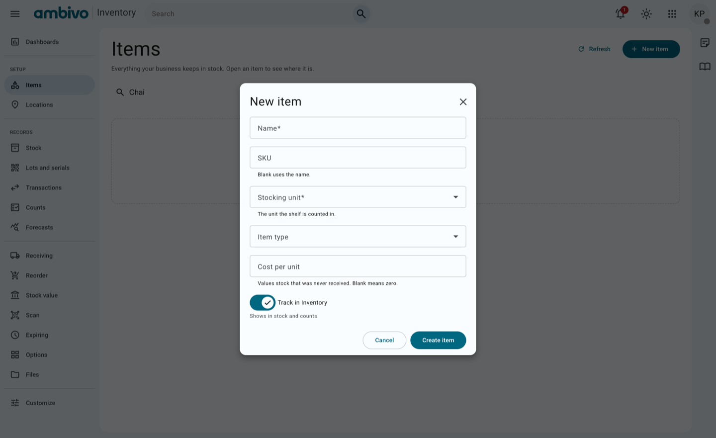 The New item form