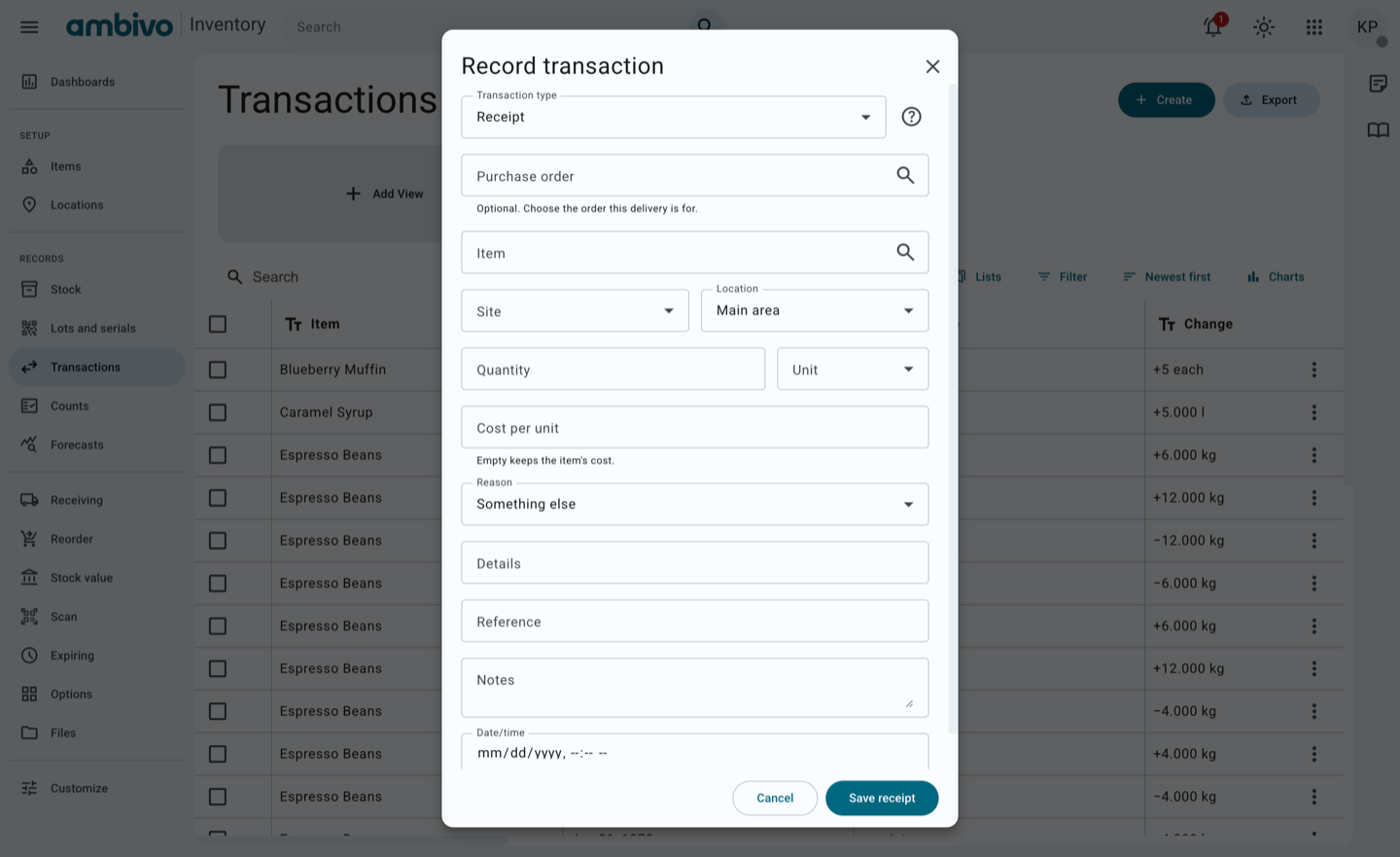 The Record transaction form