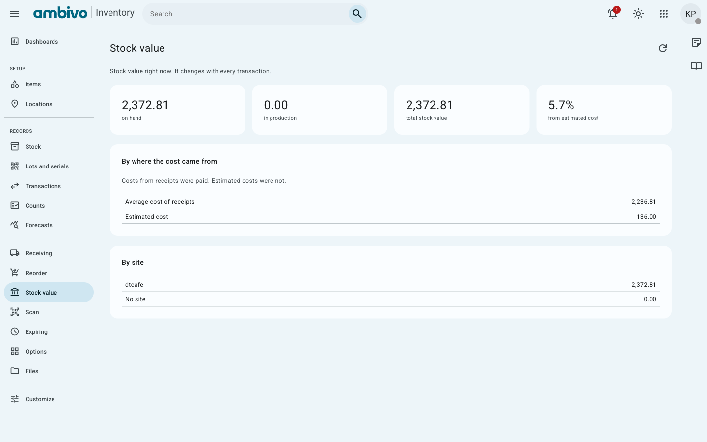 The Stock value page