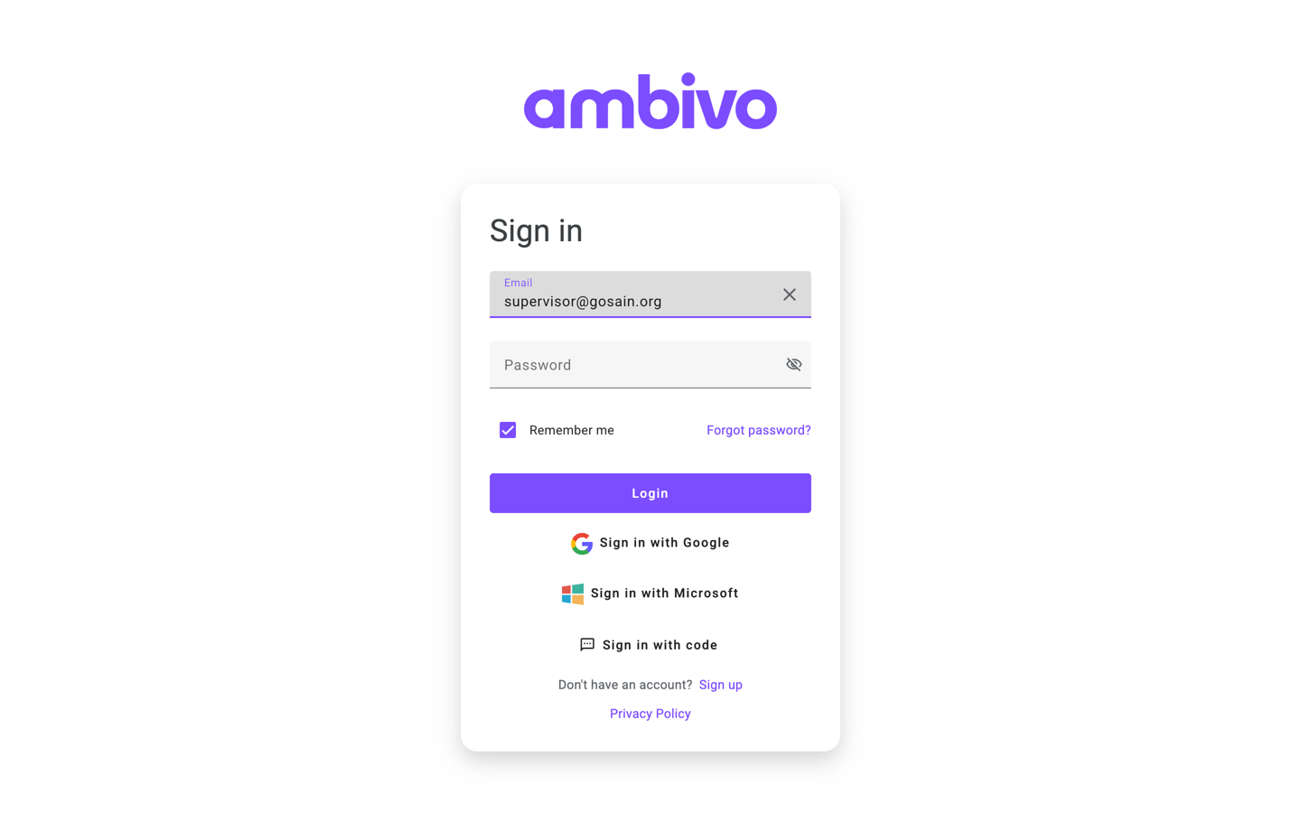 The sign-in page with the supervisor email filled in