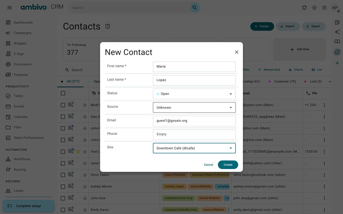 The New Contact form for Maria Lopez at Downtown Cafe