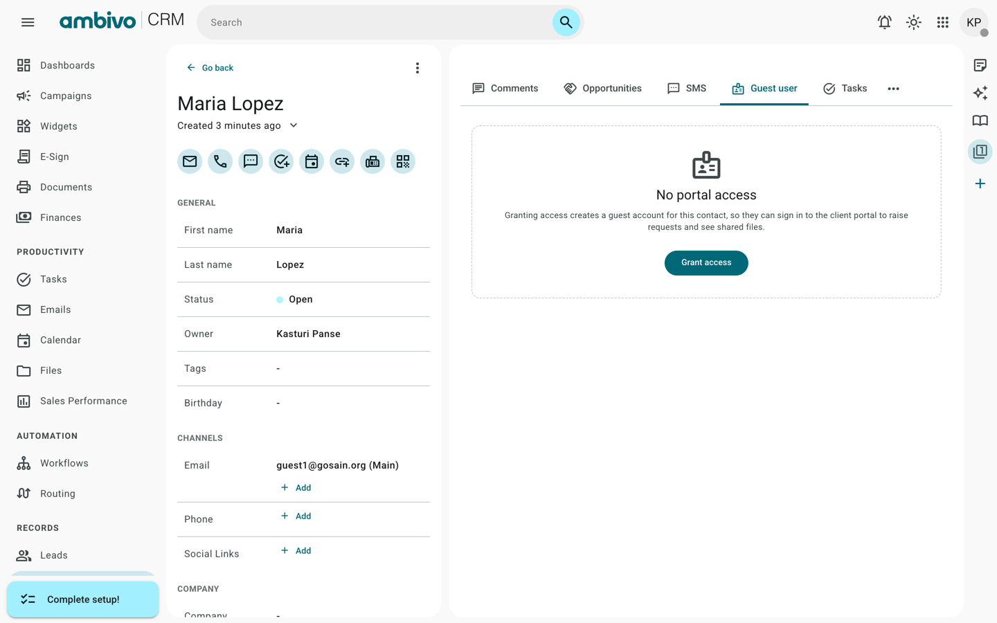 The Guest user tab before access is granted