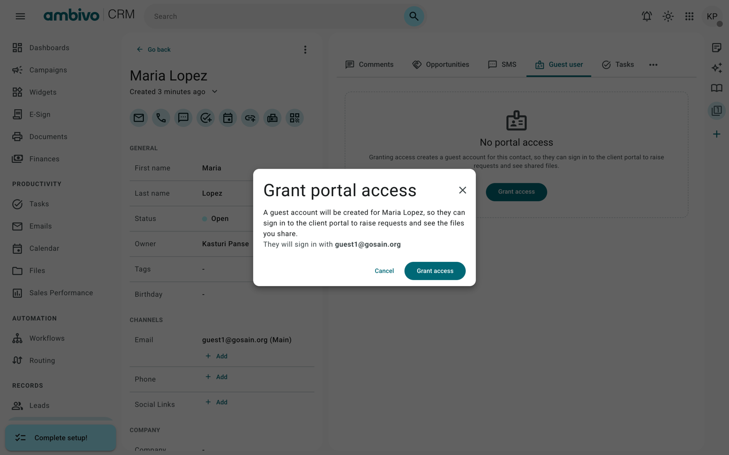 The Grant portal access message for Maria Lopez