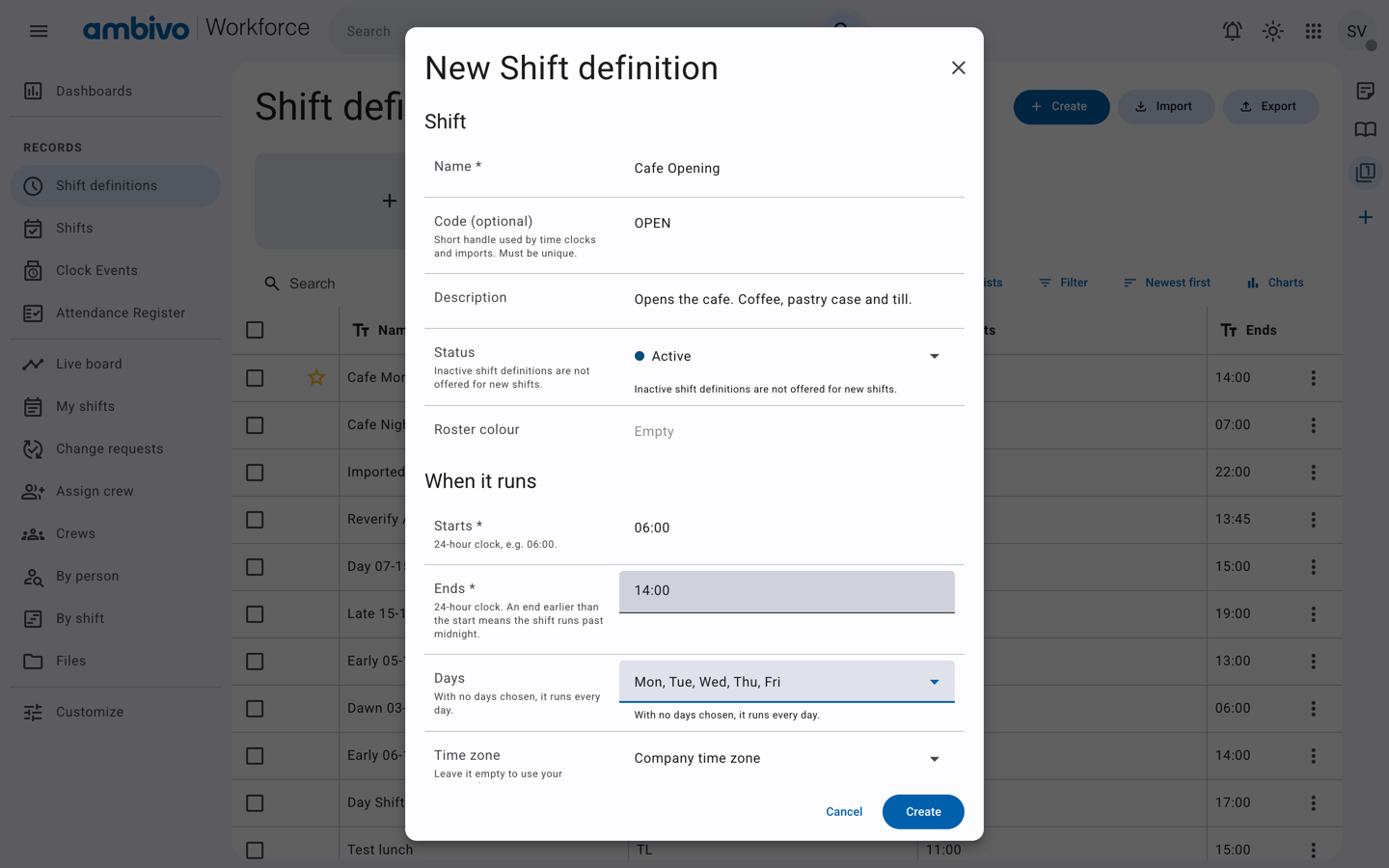 The New Shift definition form, top part