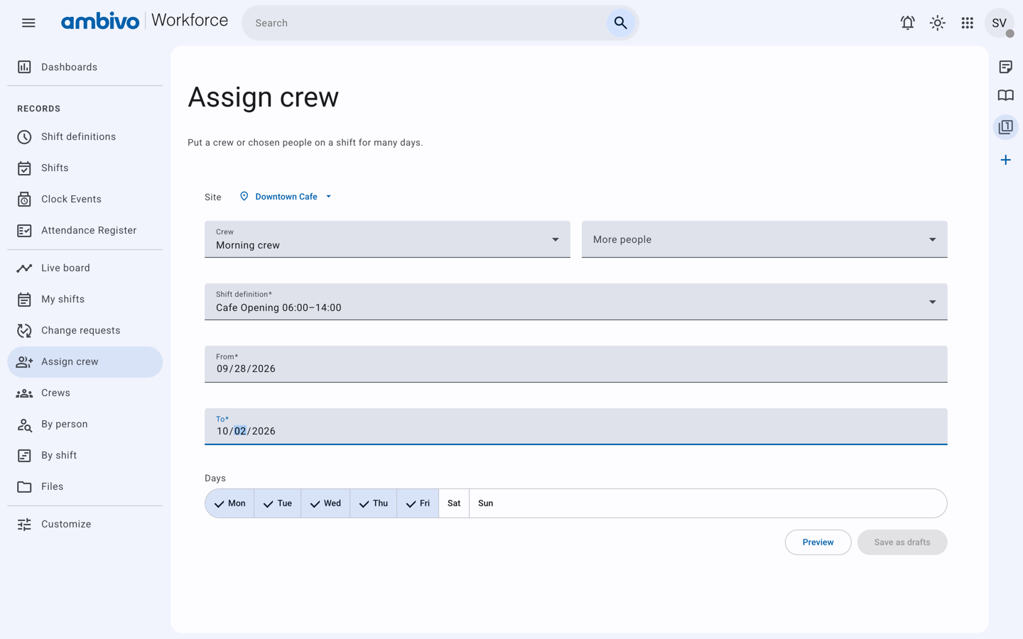 The Assign crew form filled in