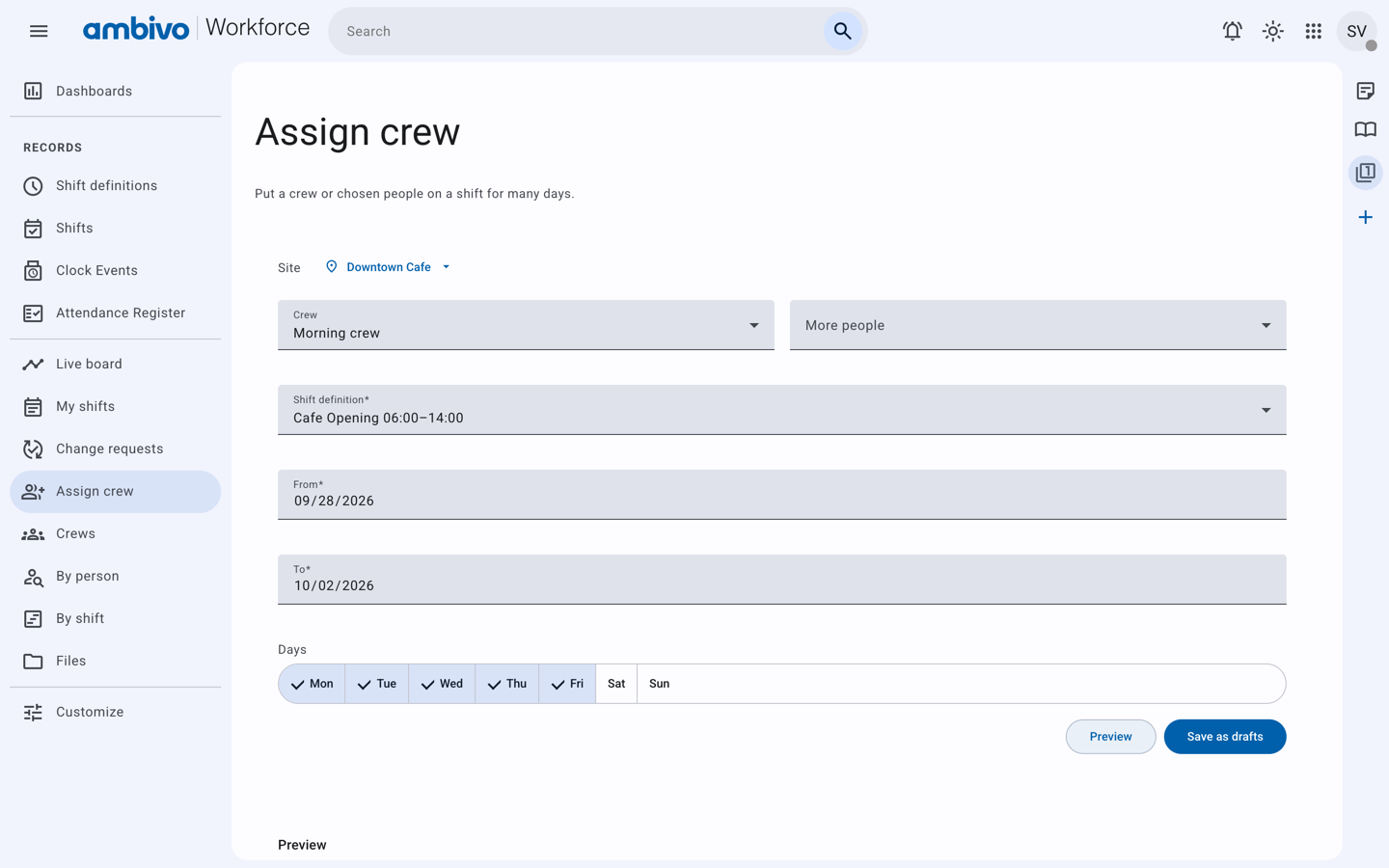 The preview with 15 shifts to add