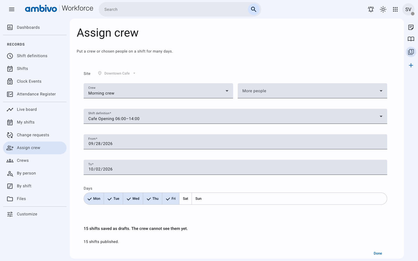 15 shifts published