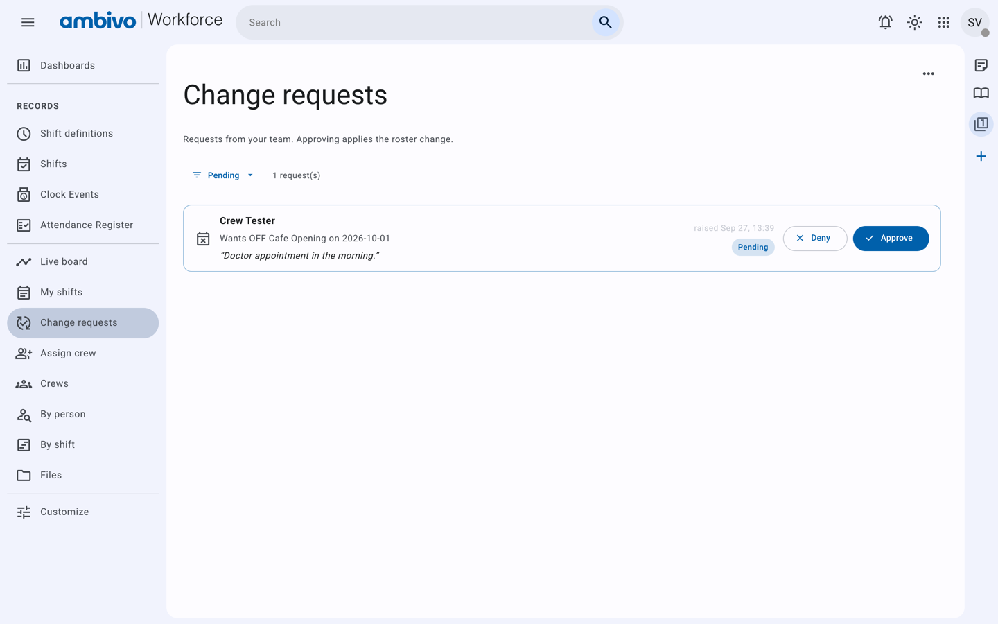 One pending request from Crew Tester for 2026-10-01