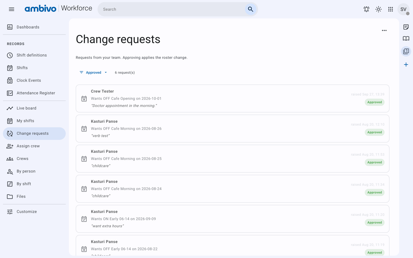 The approved request in the Approved list